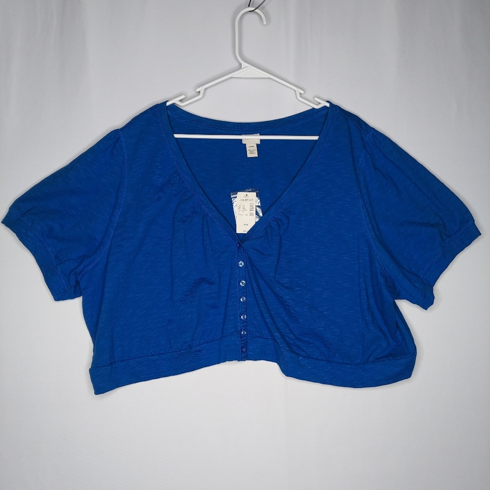 Venezia Crop Button Cardigan Women 26/28 Blue Cotton Short Sleeve Empire 00s Y2K
